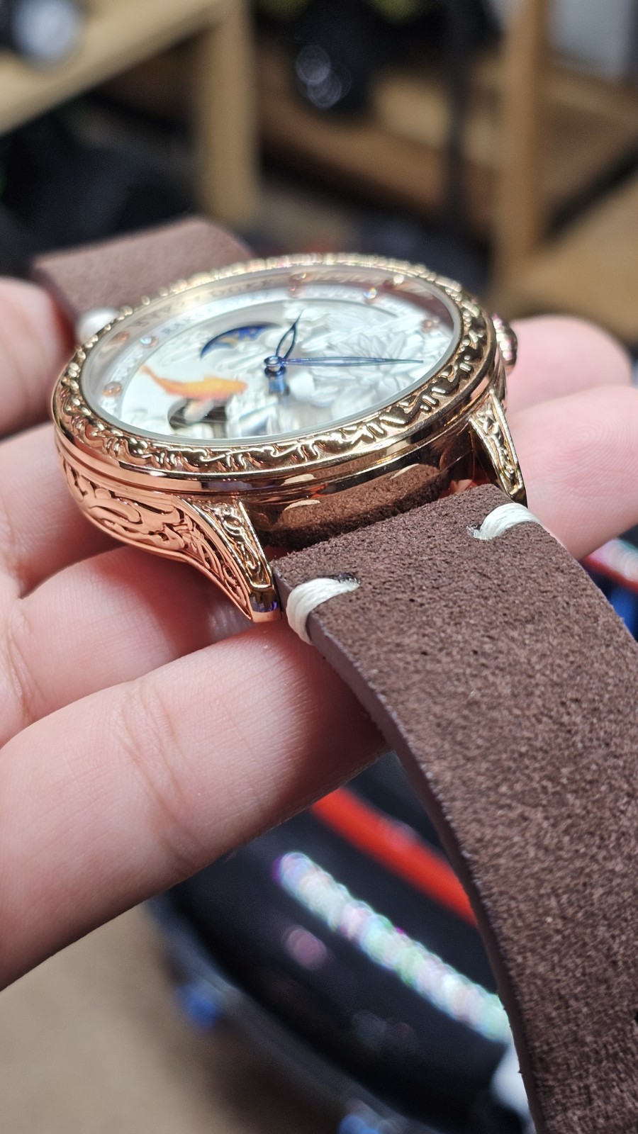 Tevise Raksa Duke T890DF Mechanical Watch 3D Koi Fish Dial, With New Suede Strap