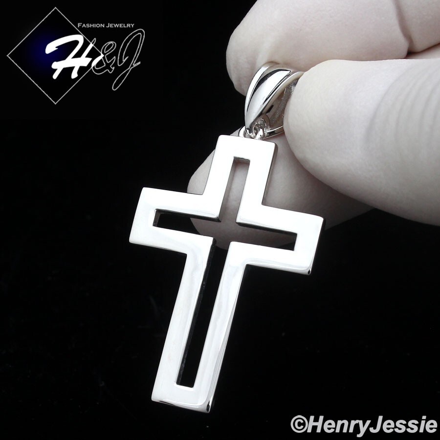 MEN SOLID 925 STERLING SILVER PLAIN SIMPLE HOLLOW DOUBLE CROSS PENDANT*SP422