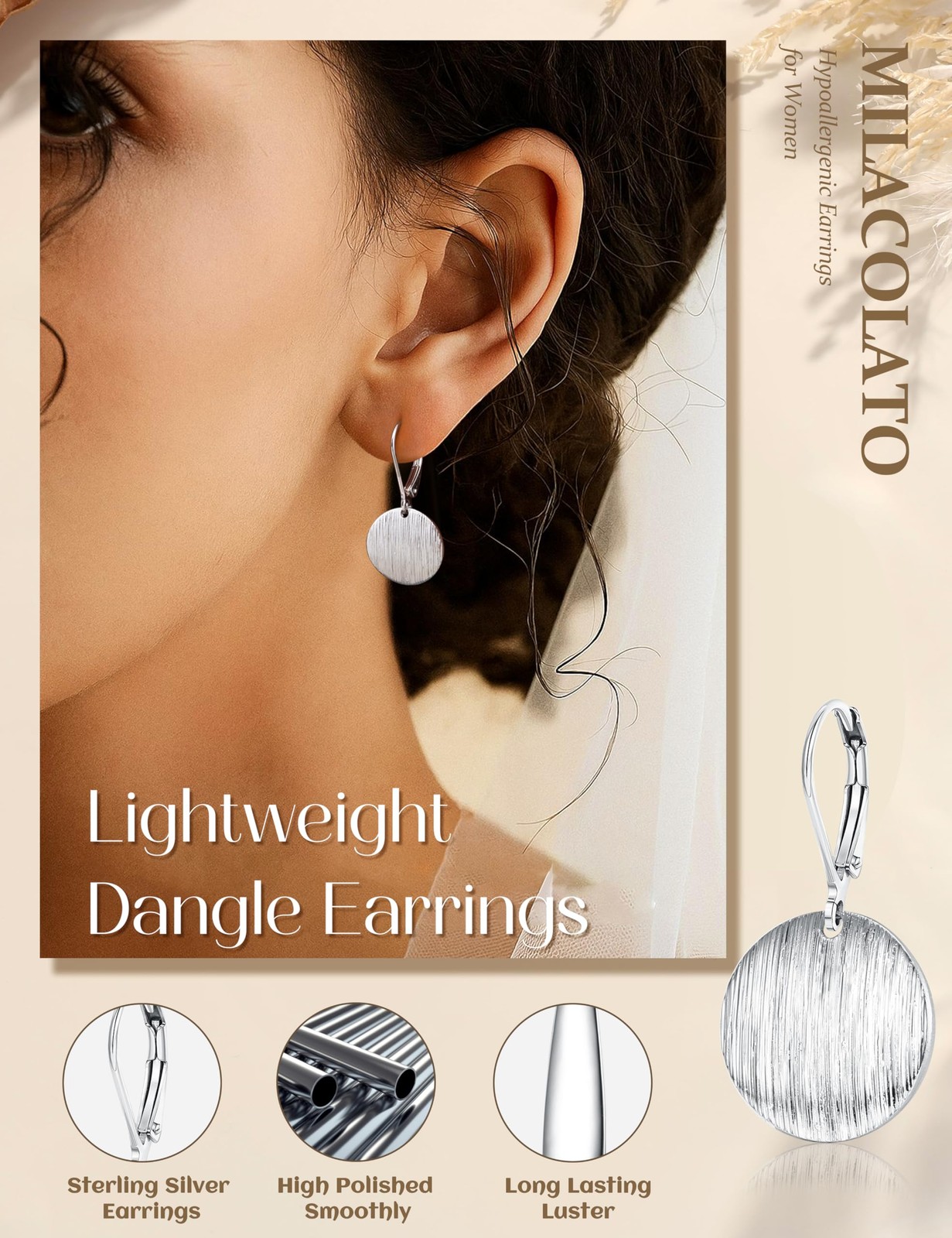 MILACOLATO 925 Sterling Silver Earrings Leverback 15 * 30 mm, Circle Disc