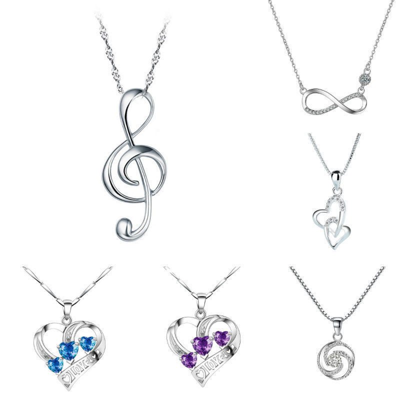 925 Silver Charm Cubic Zirconia Choker Bib Pendant Necklace 18″ Chain Gift Box