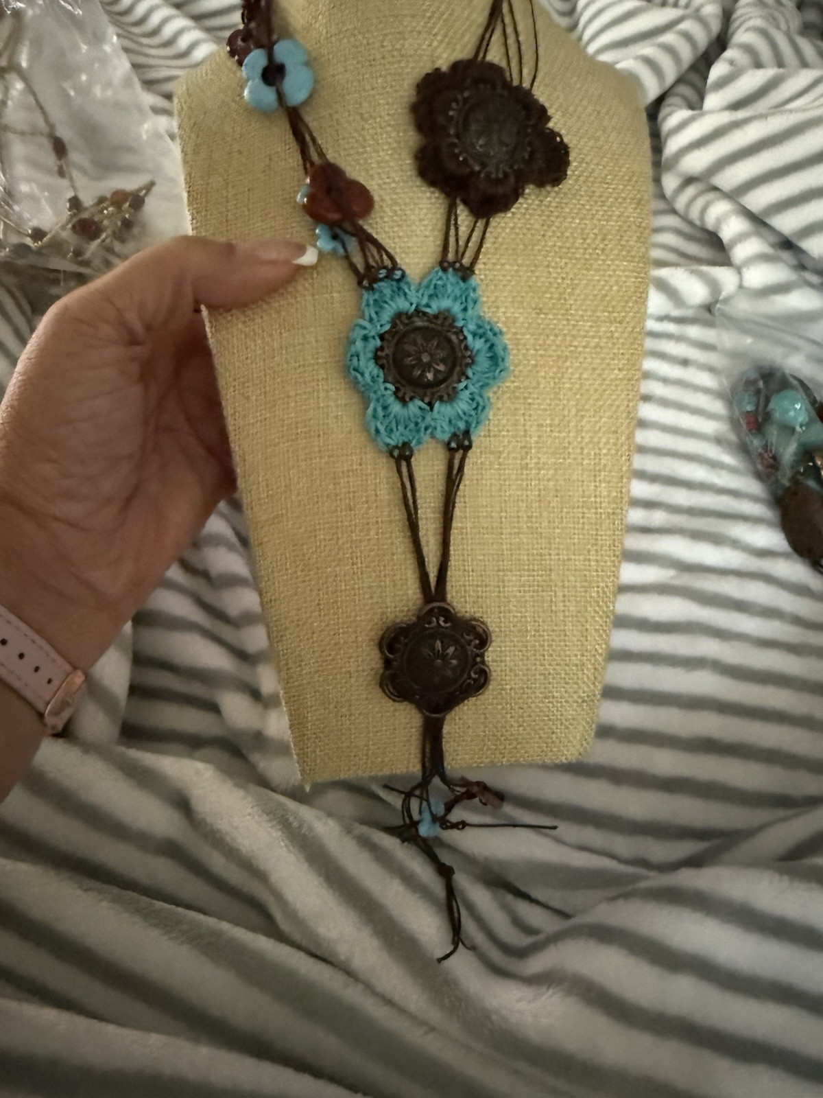 Brown & Blue Bohemian Cord Necklace Flower Charm Pendant lobster clasp Closure