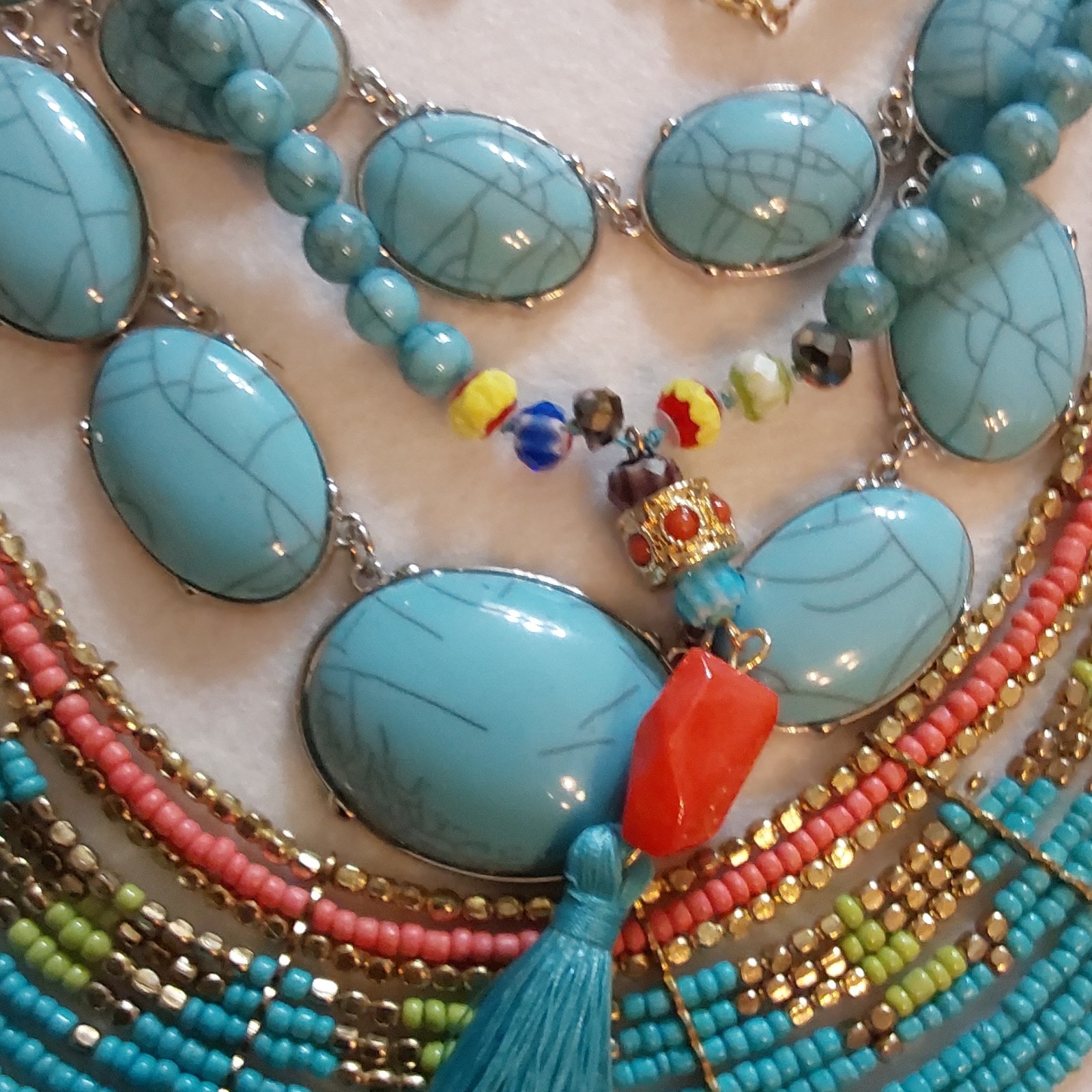 Multicolor Beaded Statement Bib Necklace Turquoise Oval Cabochons