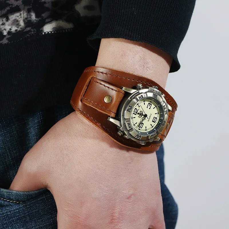 Vintage Retro Leather Cuff Bracelet Wide Band Steampunk Mens Quartz Wrist Watch
