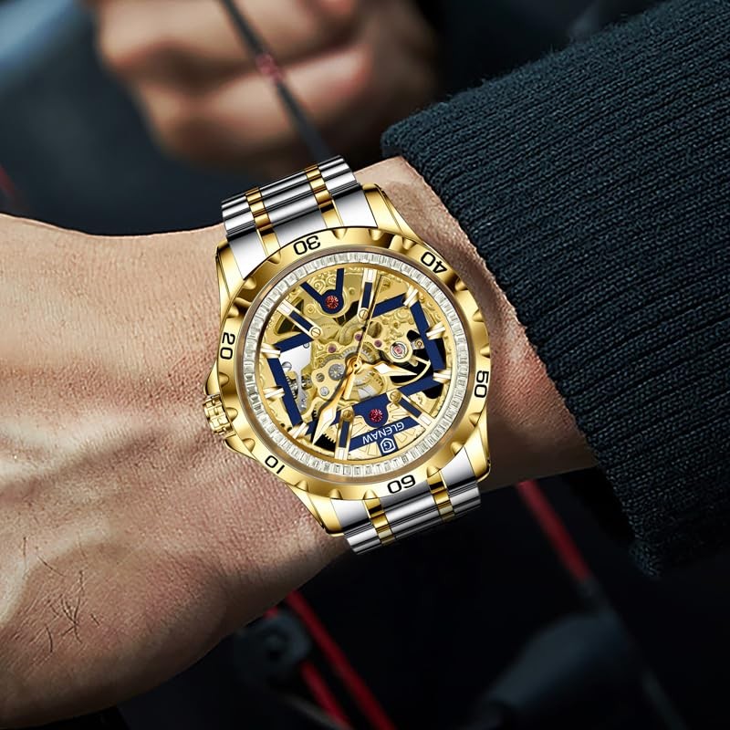 Automatic Watches for Men-Rhinestone Ring Open Dial, Skeleton Mechanical Self…