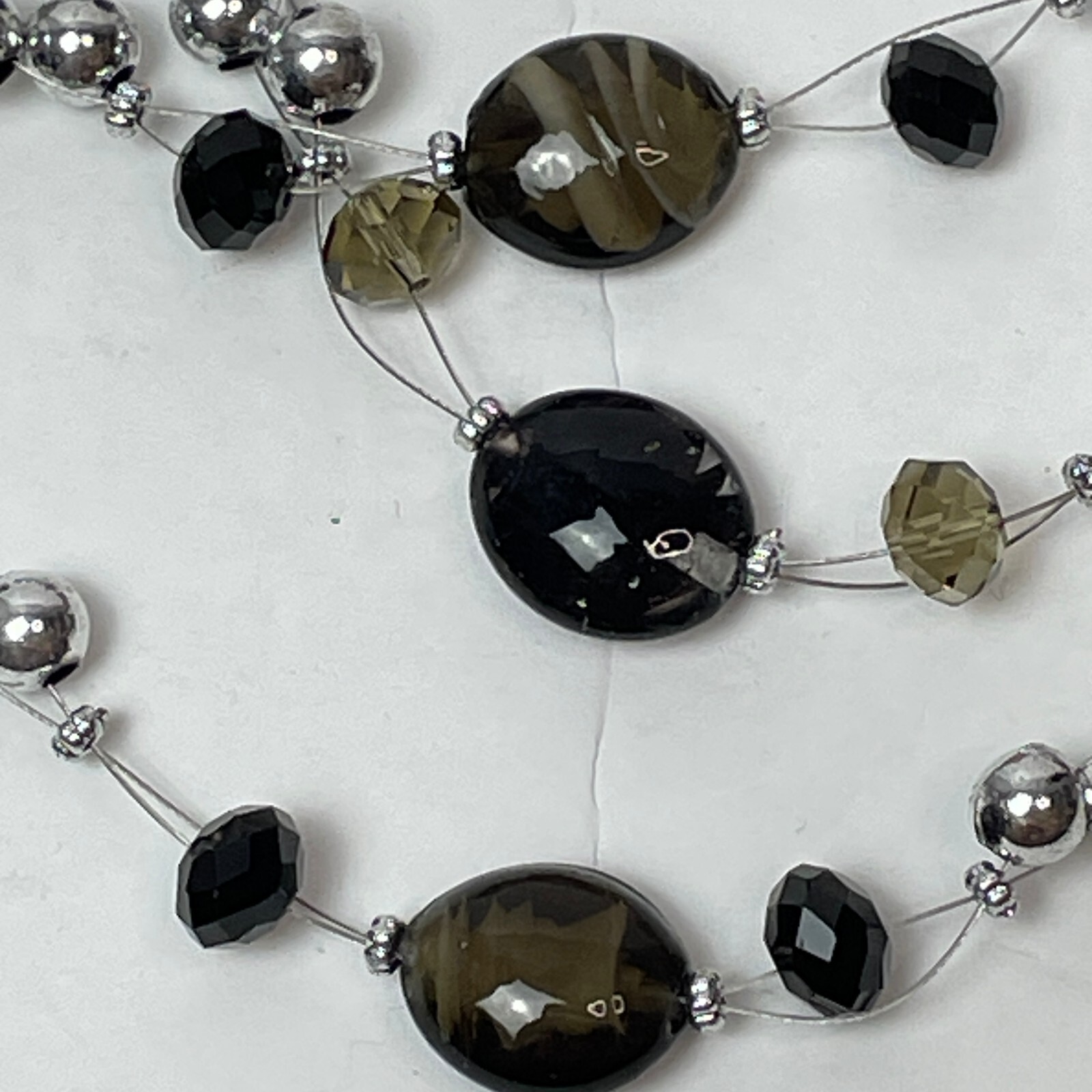 Triple Strand Layered Beaded Necklace Silver Black Green