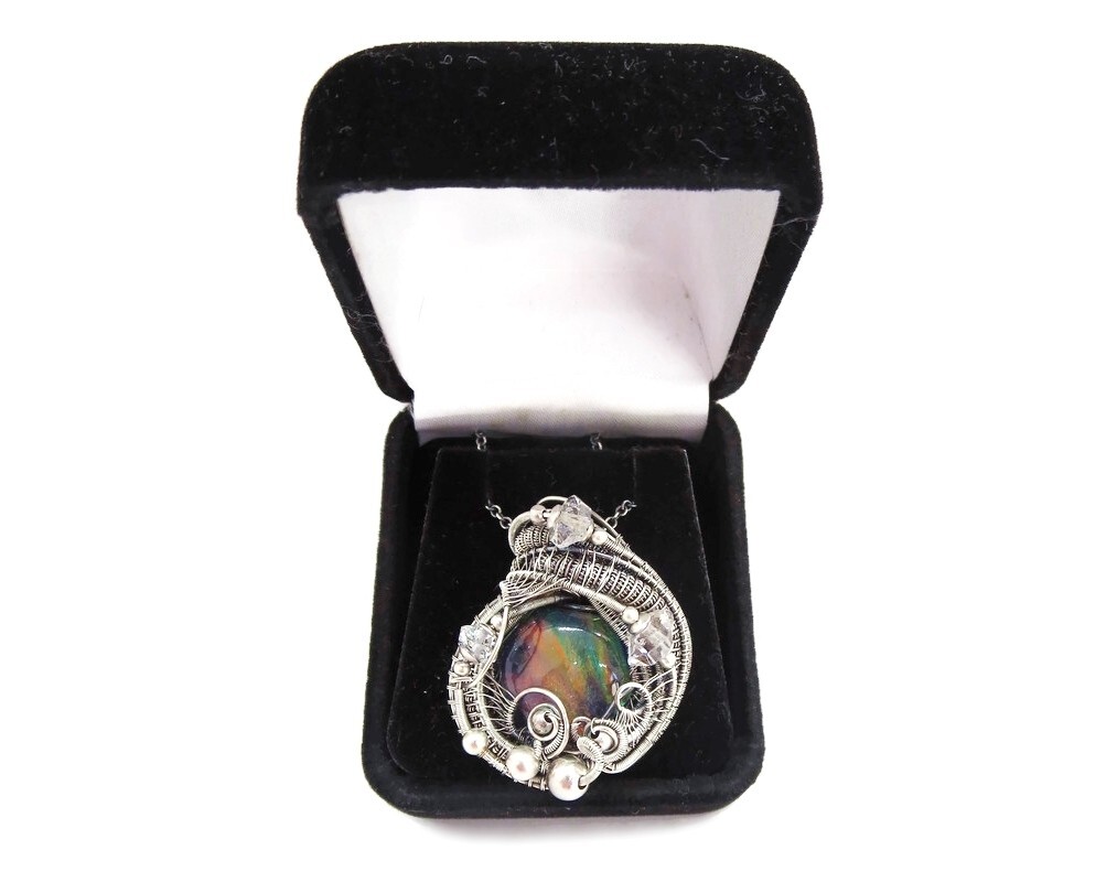 Aurora Opal Wire-Wrapped Pendant in Sterling Silver with Herkimer Diamonds