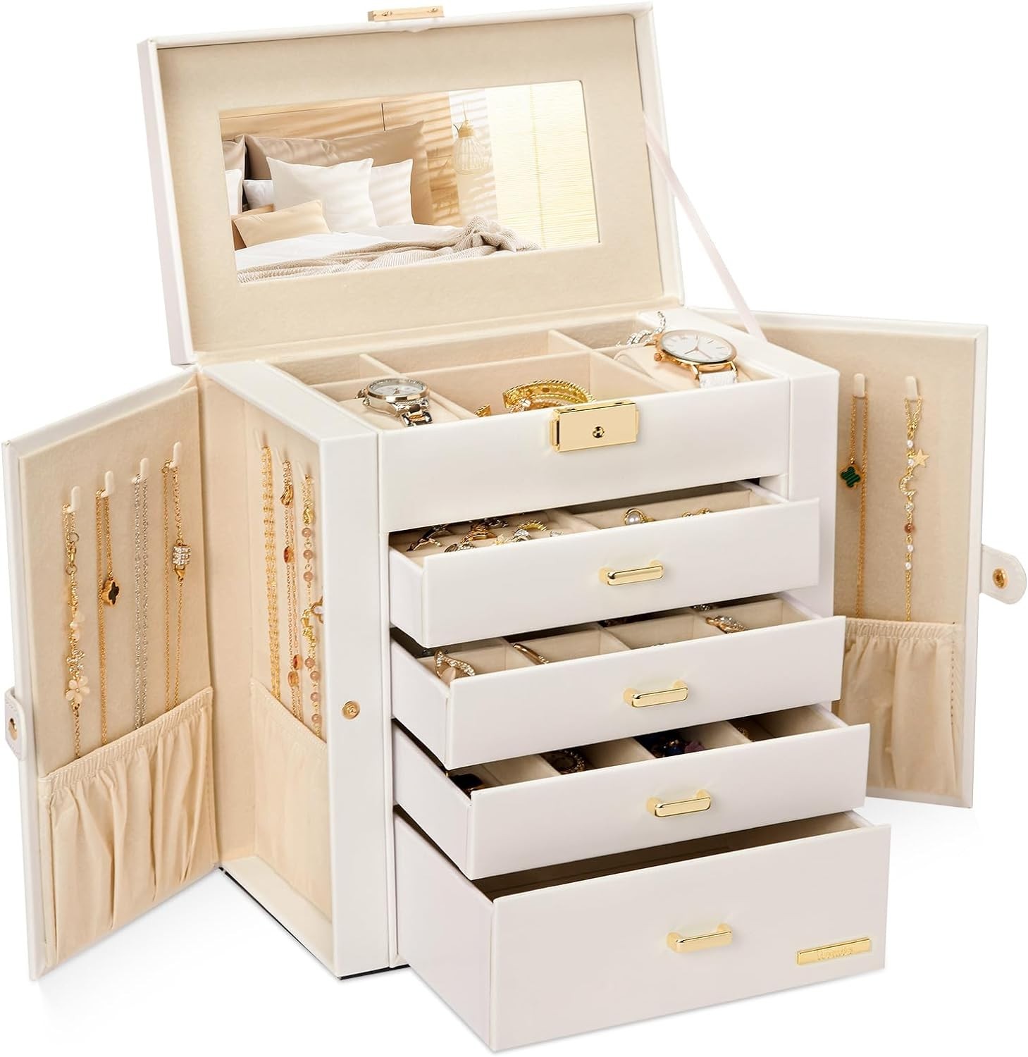 Stylish Jewelry and Watch Organizer – White Faux Leather, Lockable Design
