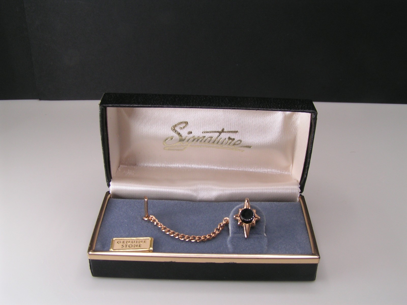 Vintage Signature Brand Gold-Tone Starburst Tie Tack with Black Onyx Stone-Chain