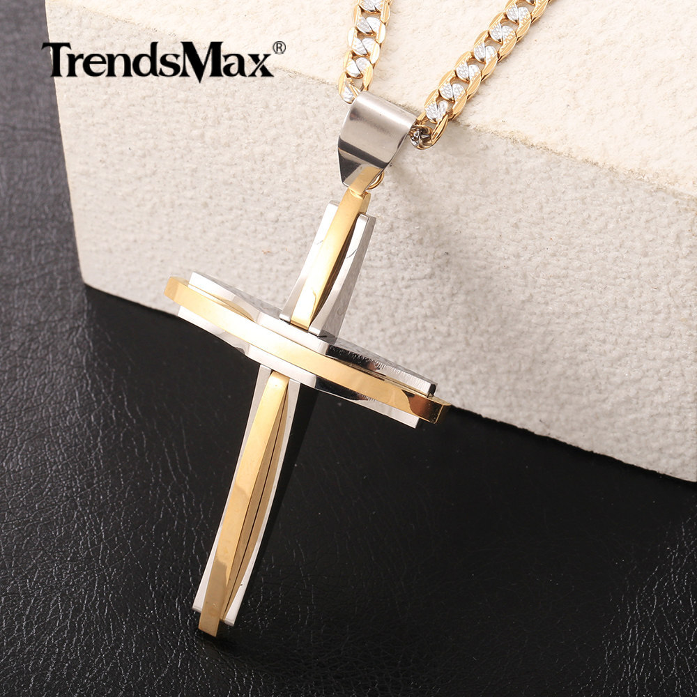 Silver/Gold Plated Cross Pendant Necklace Mixed Stainless Steel Curb Link 18-30″