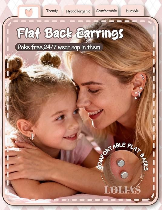 Hypoallergenic Flat Back Earrings Surgical Steel Stud Hoop Set Women