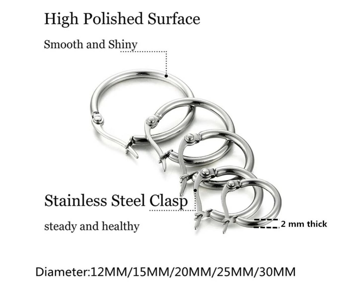1 Pair Stainless Steel Silver Tone Hoop Earrings 10 ,15, 20, 25, 30 ,40,45,50 mm