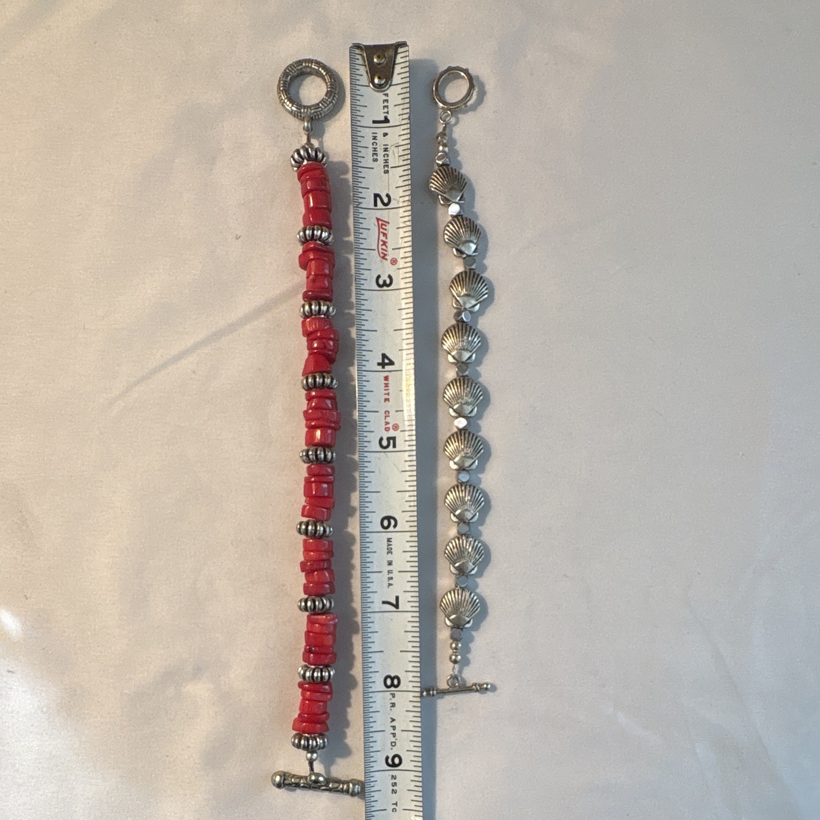 Lot of 2 Toggle Bracelets: Red Beaded & Silver Shell Charm 8-9in DIY supplies!