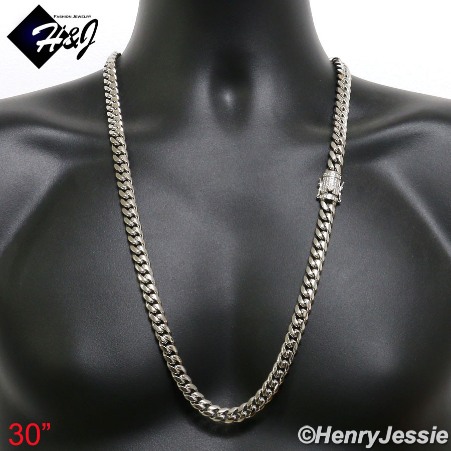18″-40″MEN Stainless Steel 10/12/14mm Silver Bling CZ Cuban Curb Necklace*N158