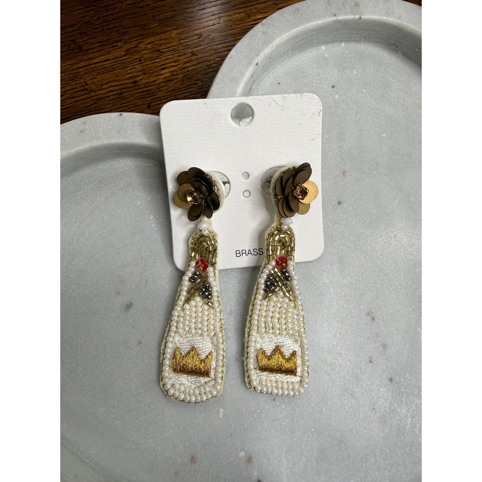 Glik’s Beaded Champagne Bottle Drop Earrings Gold Cream New Years Eve OED405