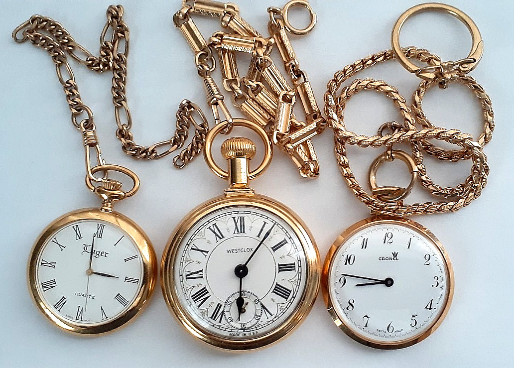 3 Pocket Watches Westclox Railroad. Luger, Cronel For batteries/repair, etc.?