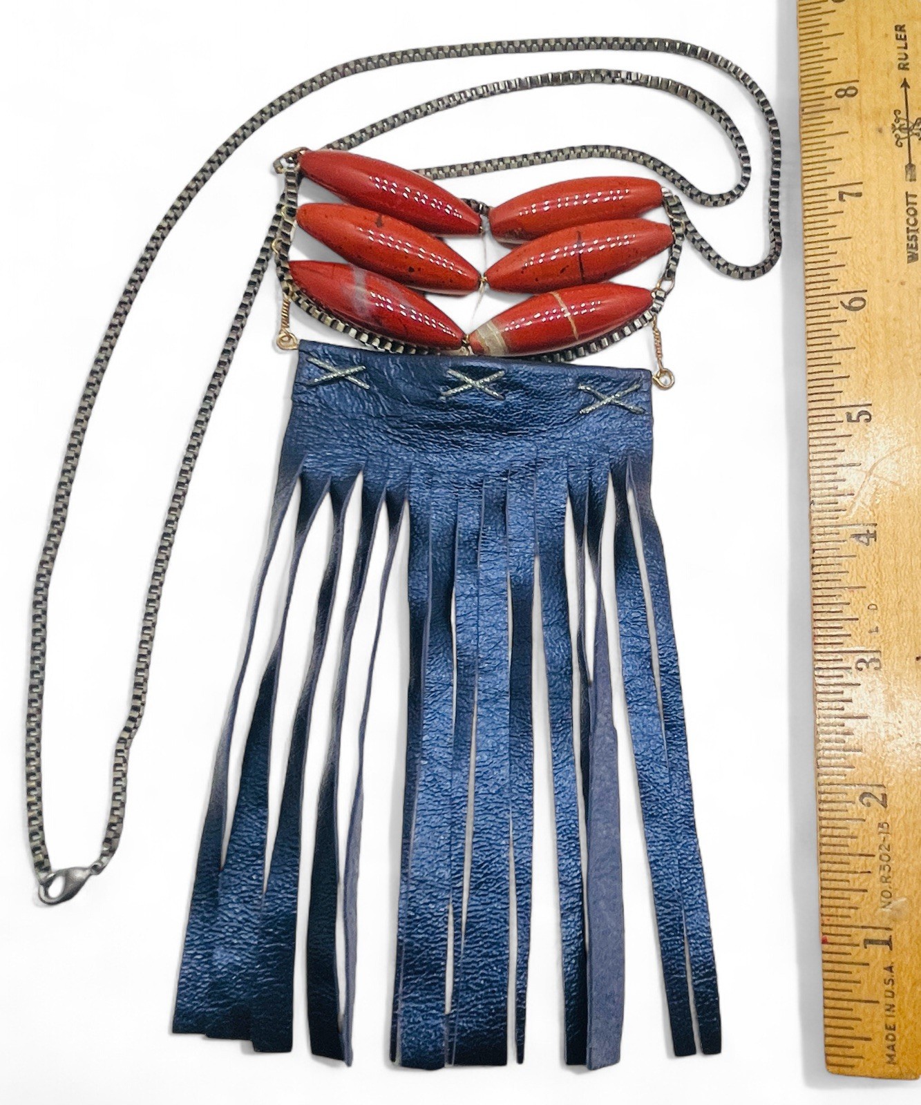 Vintage 70’s Native Inspired Ethnic Jasper Stone And Leather Fringe Necklace