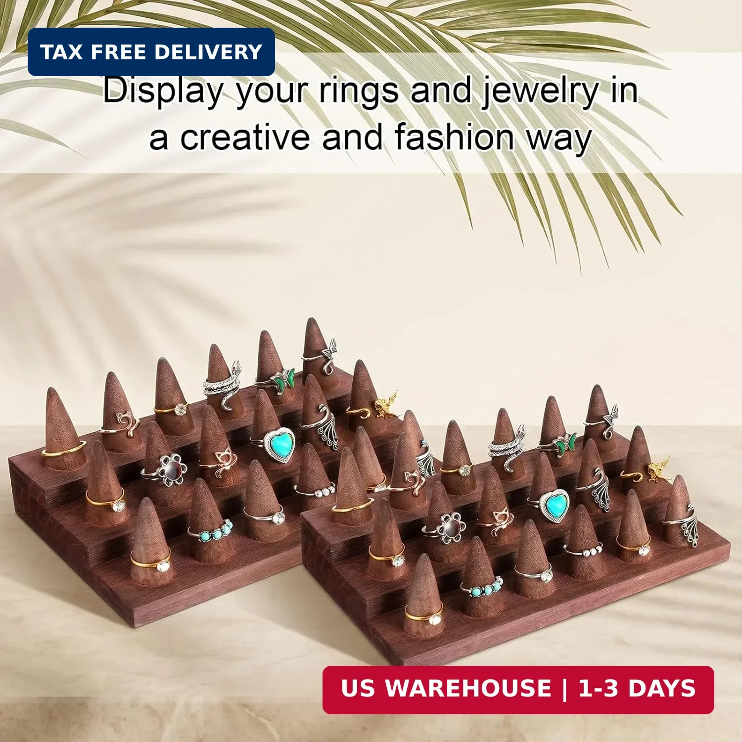 Wood Ring Display – 2 Piece Holder for Jewelry, Wooden Stand, Counter Showcase,