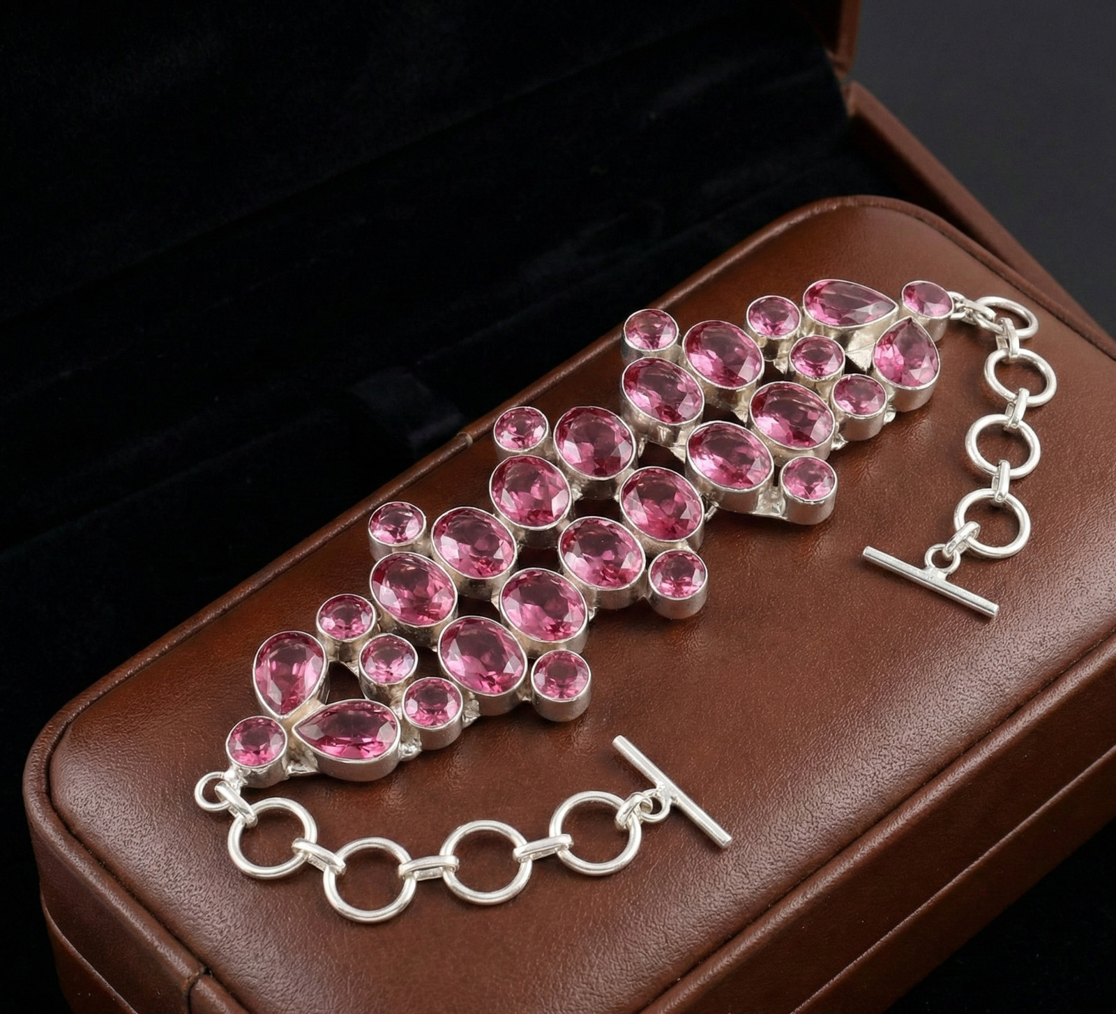Pink Rubelite Gemstone Bracelet 925 Sterling Silver Artisan Jewelry 8.50 in