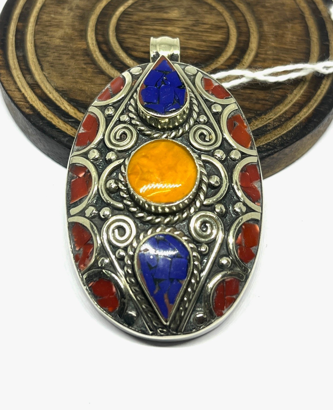 Tibetan Coral Lapis Amber Gemstone Buddhist Statement Pendant Jewelry, 2.2 inch