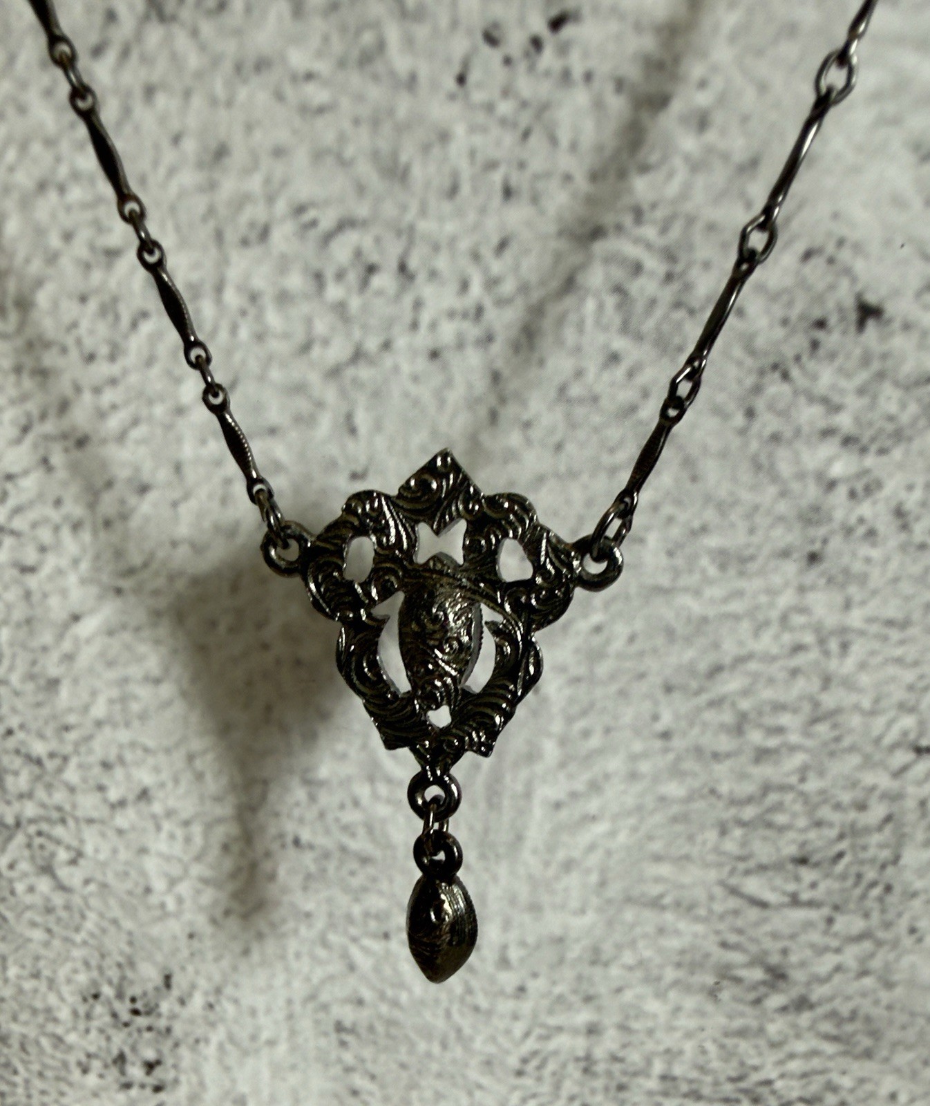 VTG 1928 Jewelry Co Black Rhinestone Marquise Y Drop Necklace Gunmetal Gothic