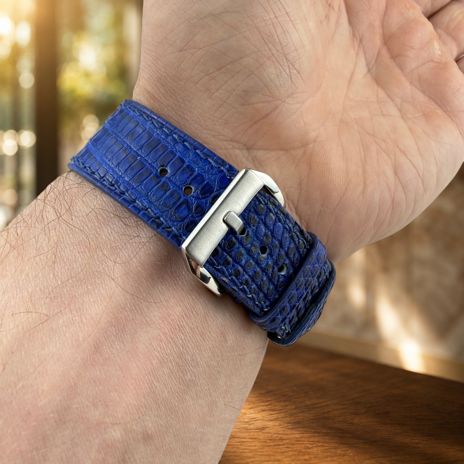 Genuine Lizard Leather Watch Band Strap 22mm Blue Handmade 316L Buckle
