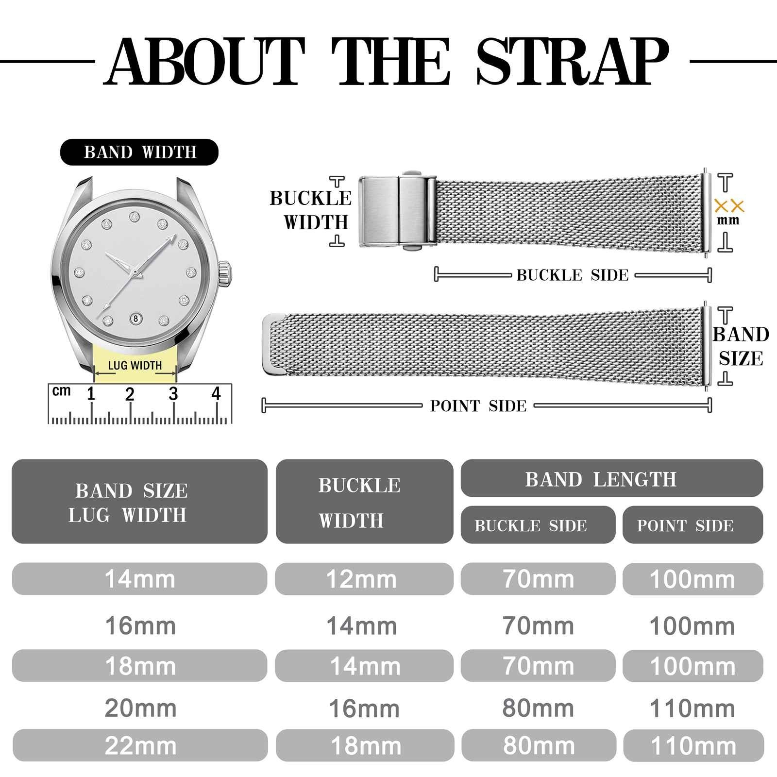 Milanese Stainless Steel Watch Strap,14mm, 16mm, 18mm, 20mm, 22mm,Classic,Women