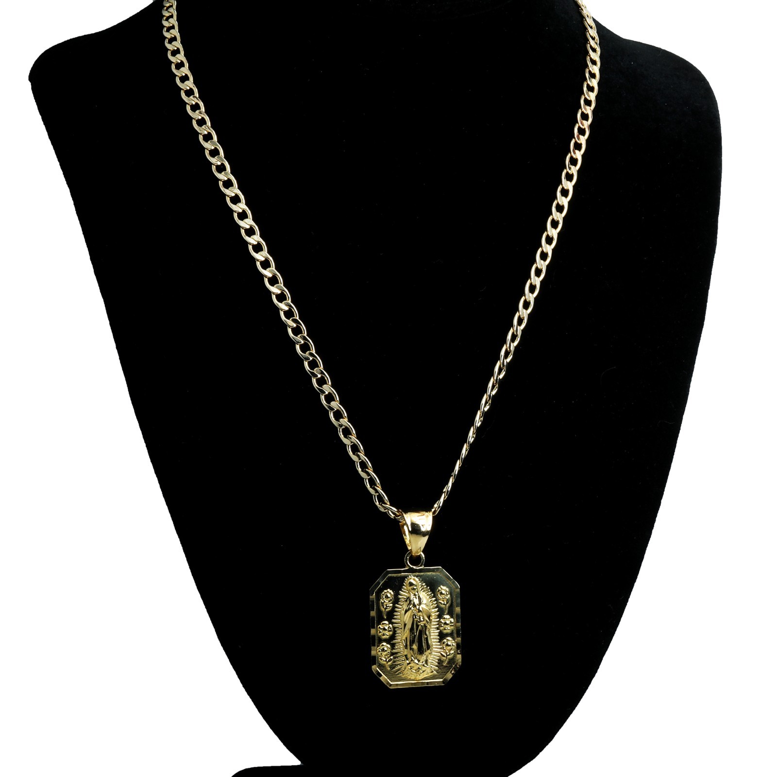 Flower Virgin Mary Charm Pendant 14k Gold Plated Brass 20″ Cuban Choker Chain