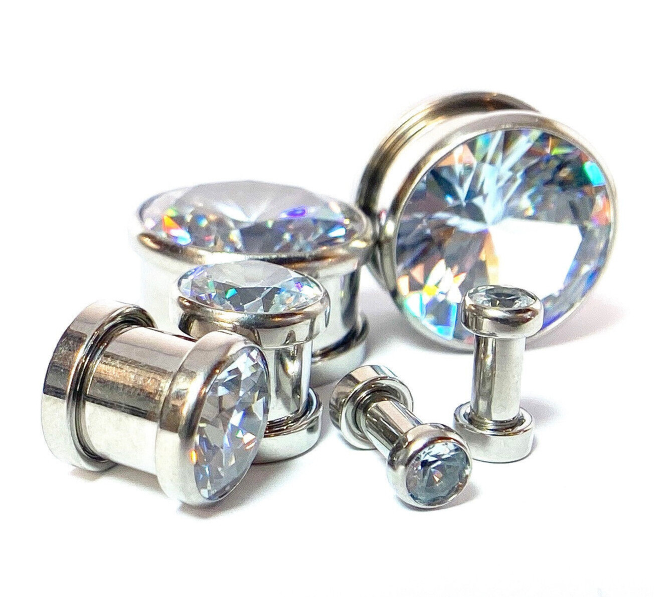 PAIR Large Gem Screw Fit Tunnels Ear Plugs Gauges – select size 6g up to 5/8″