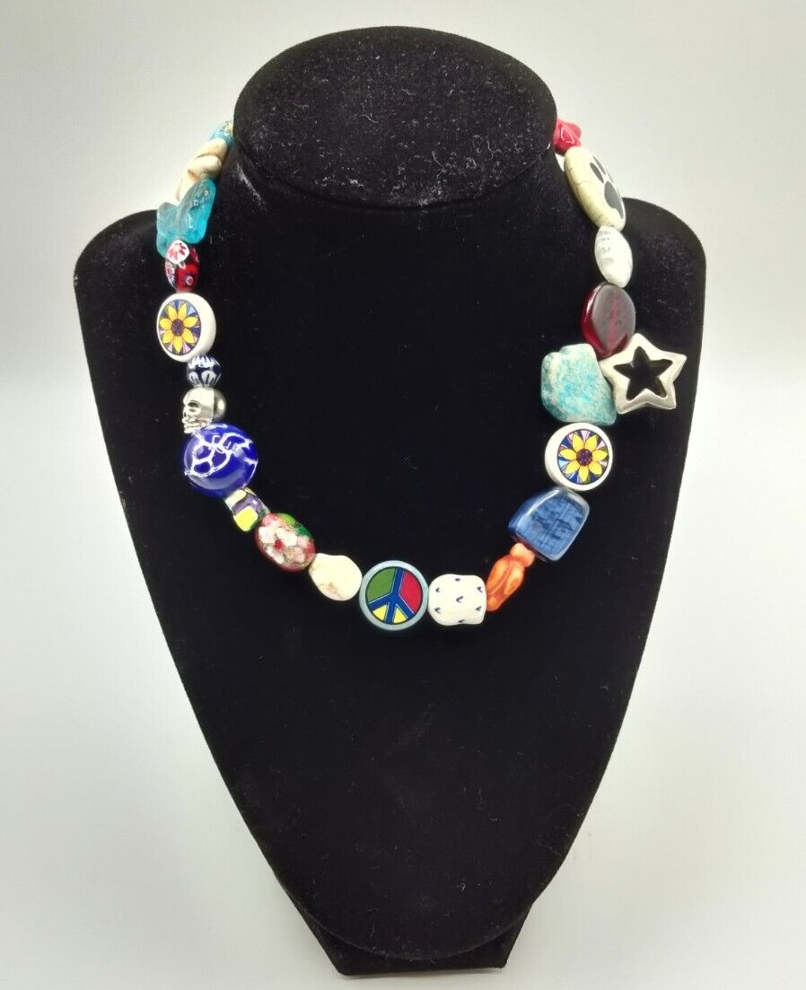Vintage Multi Color Glass Metal Acrylic Ceramic Stars Flower Beaded Necklace 15″