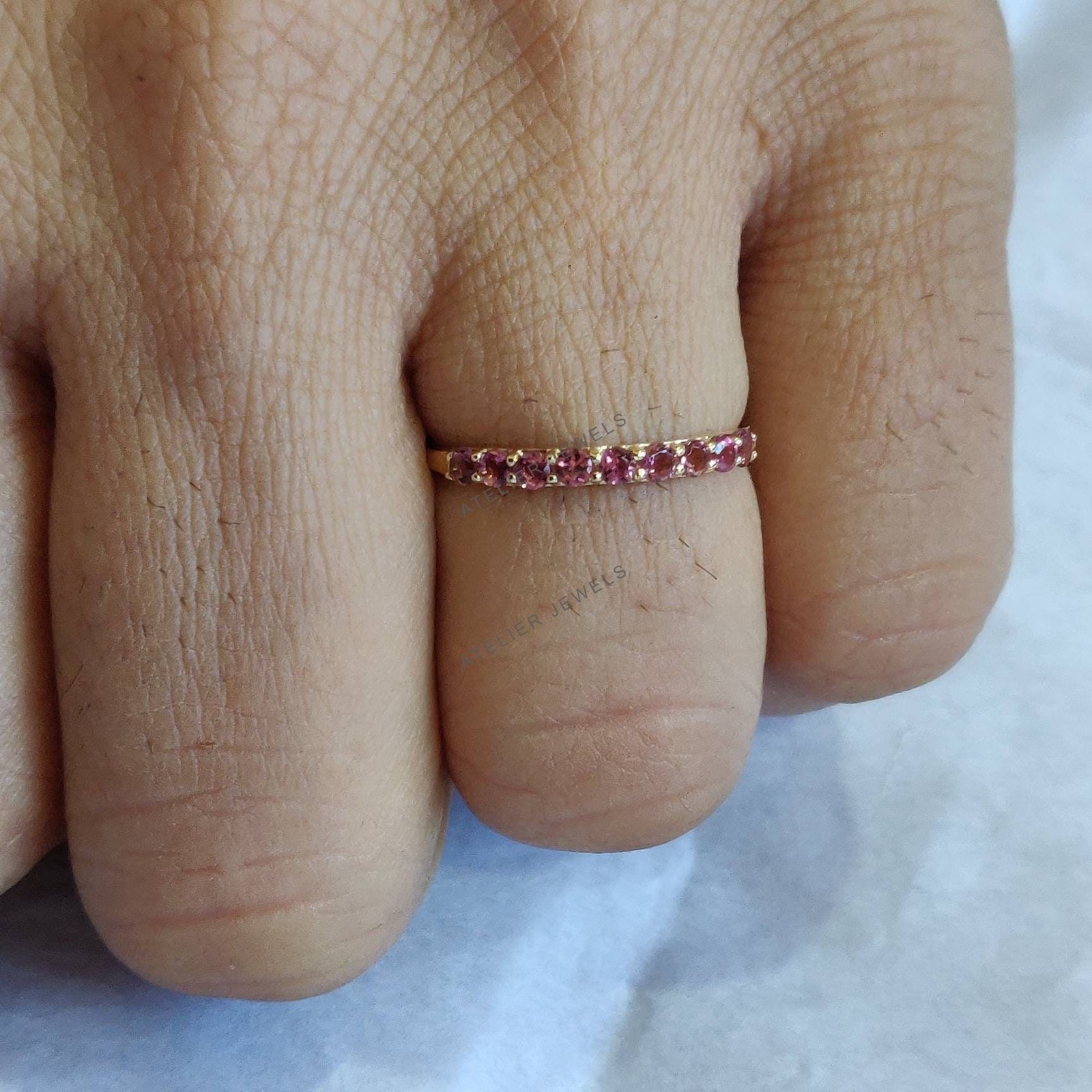 0.36 Ct Natural Pink Tourmaline Band Ring 14K Yellow Gold Minimalist Statement