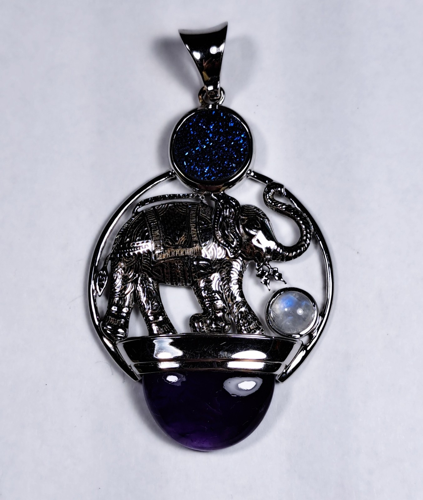 SAJEN Elephant Amethyst Moonstone & Blue Druzy Pendant Sterling Silver NEW