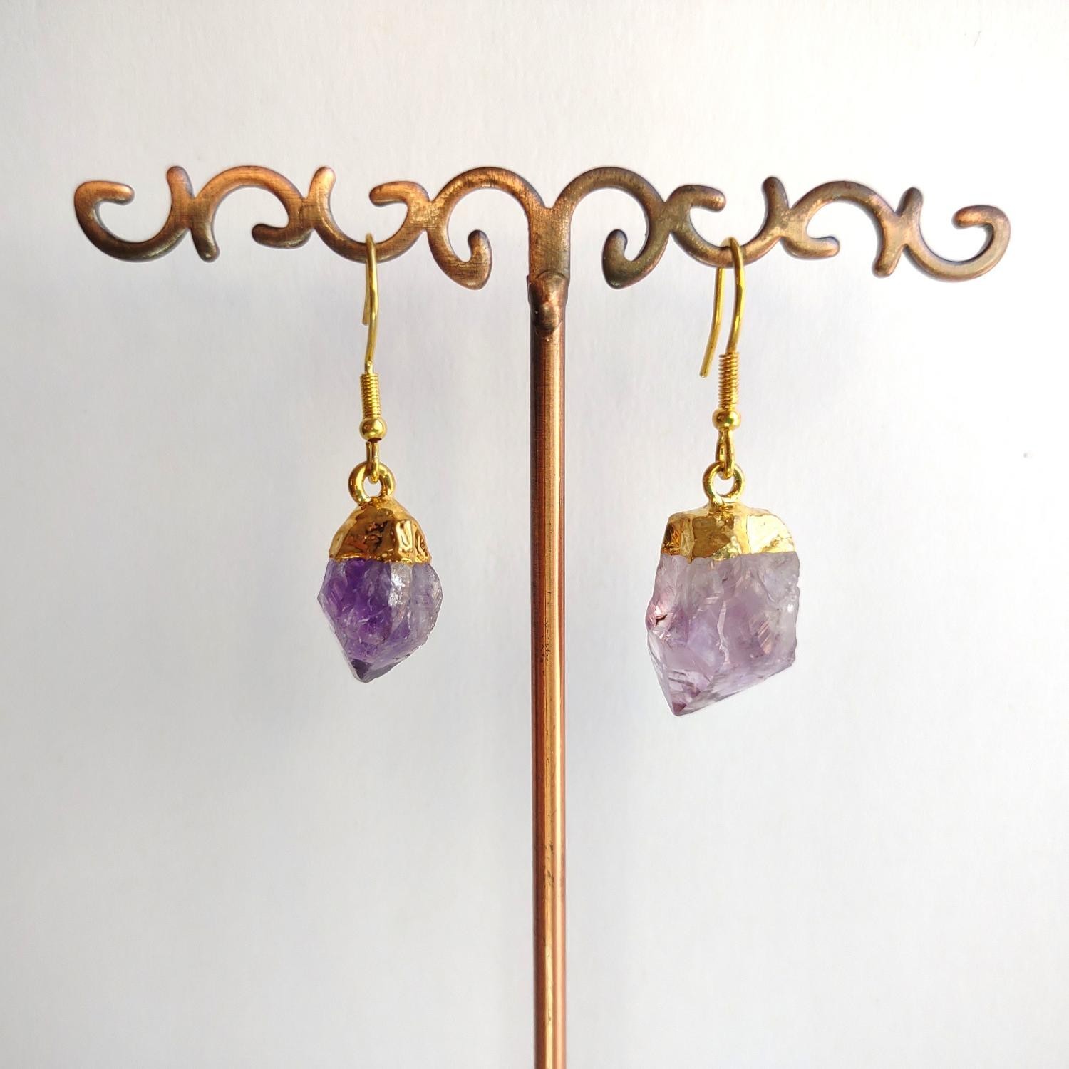 New! Gold (Color) Plated Purple Amethyst Gemstone Crystal Earrings, Free Ship!