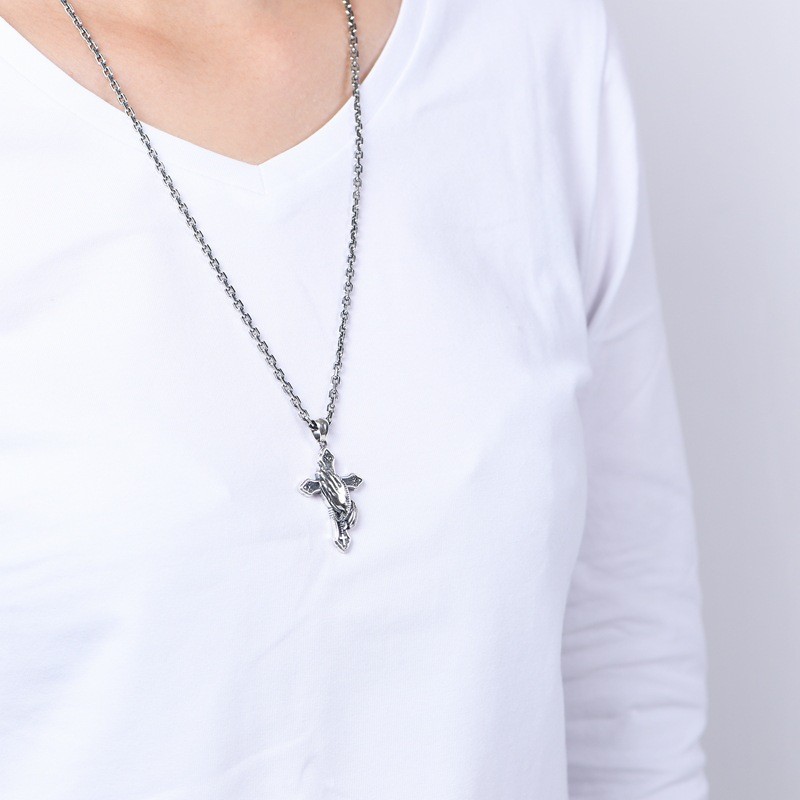 S925 Sterling Silver PRAYING HANDS CROSS Pendant REVERSIBLE Rosary Gothic Mens