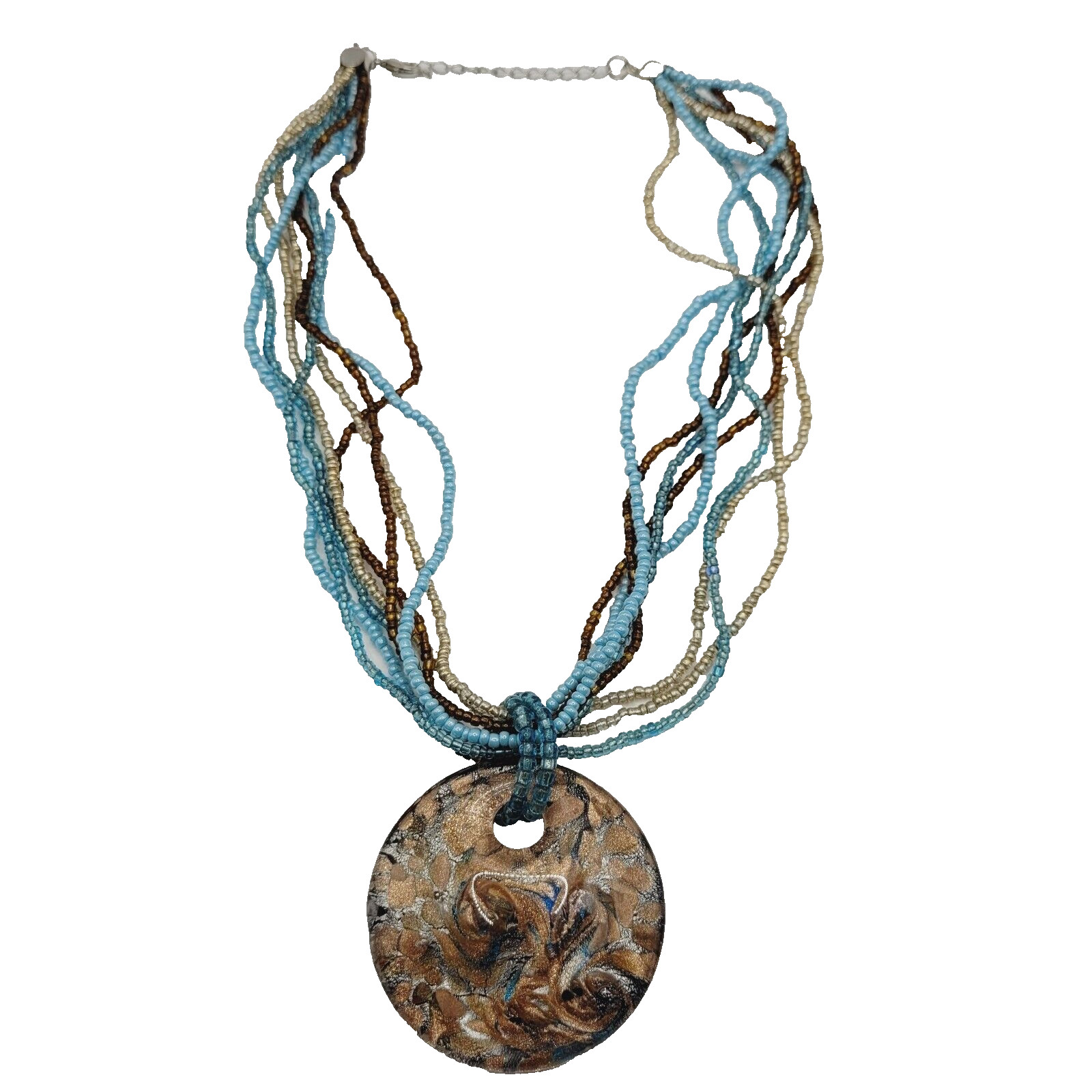 8 Strand Seed Beed Necklace with Metallic Foiled Large Round Art Glass Pendant