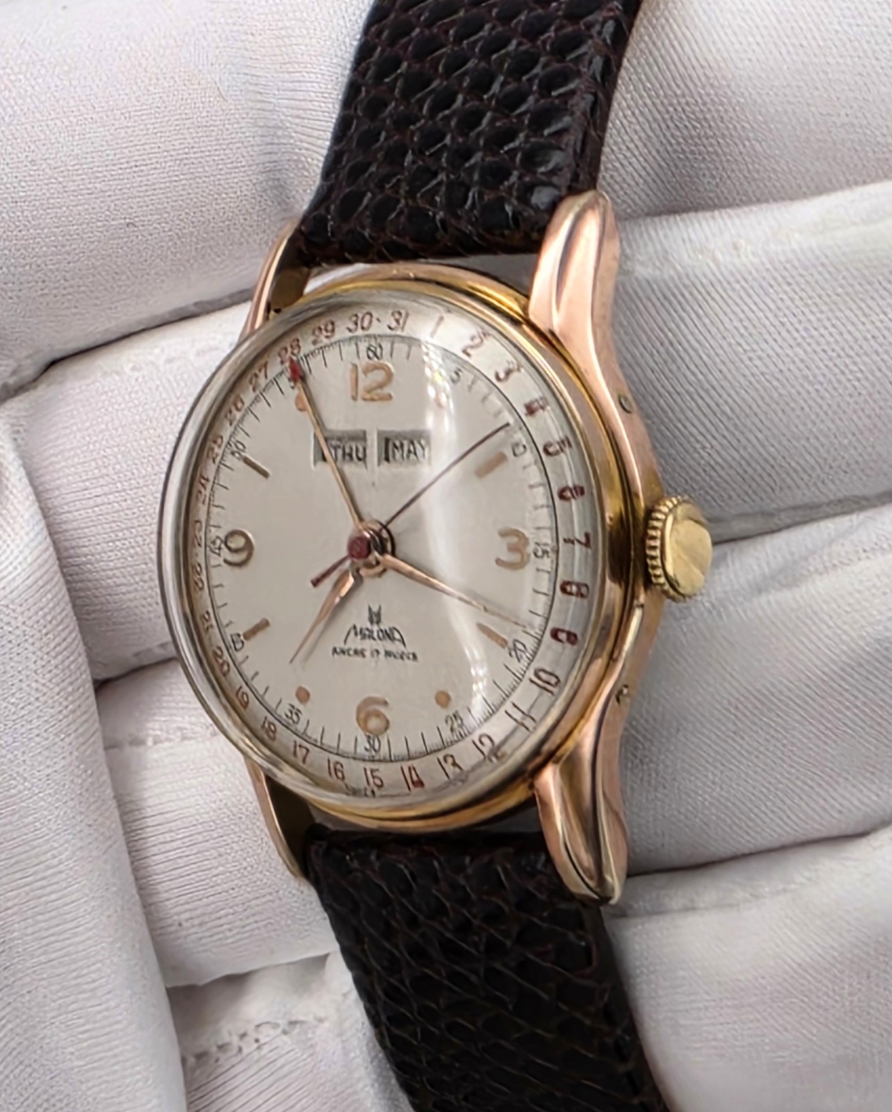 Vintage Swiss Triple Calendar Manual Wind Watch Malona 17J 40’s excellent