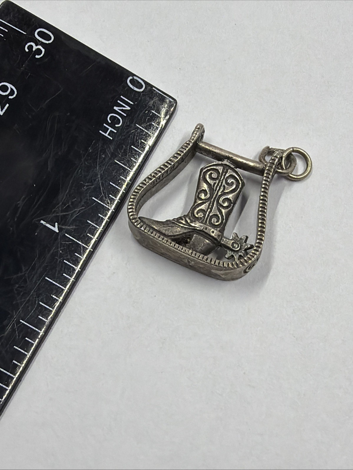3D Cowboy Boot With Spur In Horse Stirrup Sterling 925 Pendant Charm 4.5G 0.8in