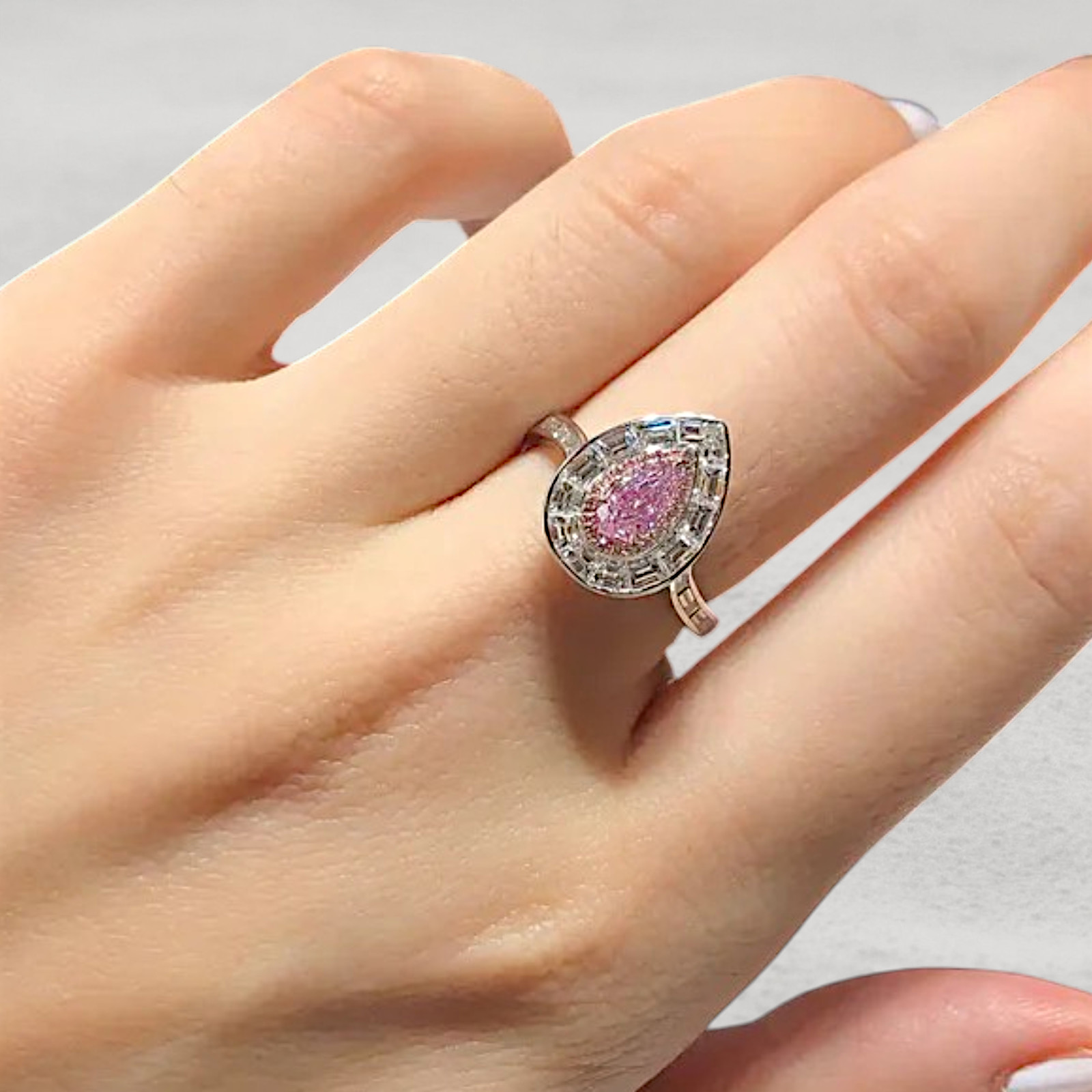 3.65 Carat Fancy Vivid Pink Pear Cut IGI Lab Created Diamond Ring 14k Multi Gold
