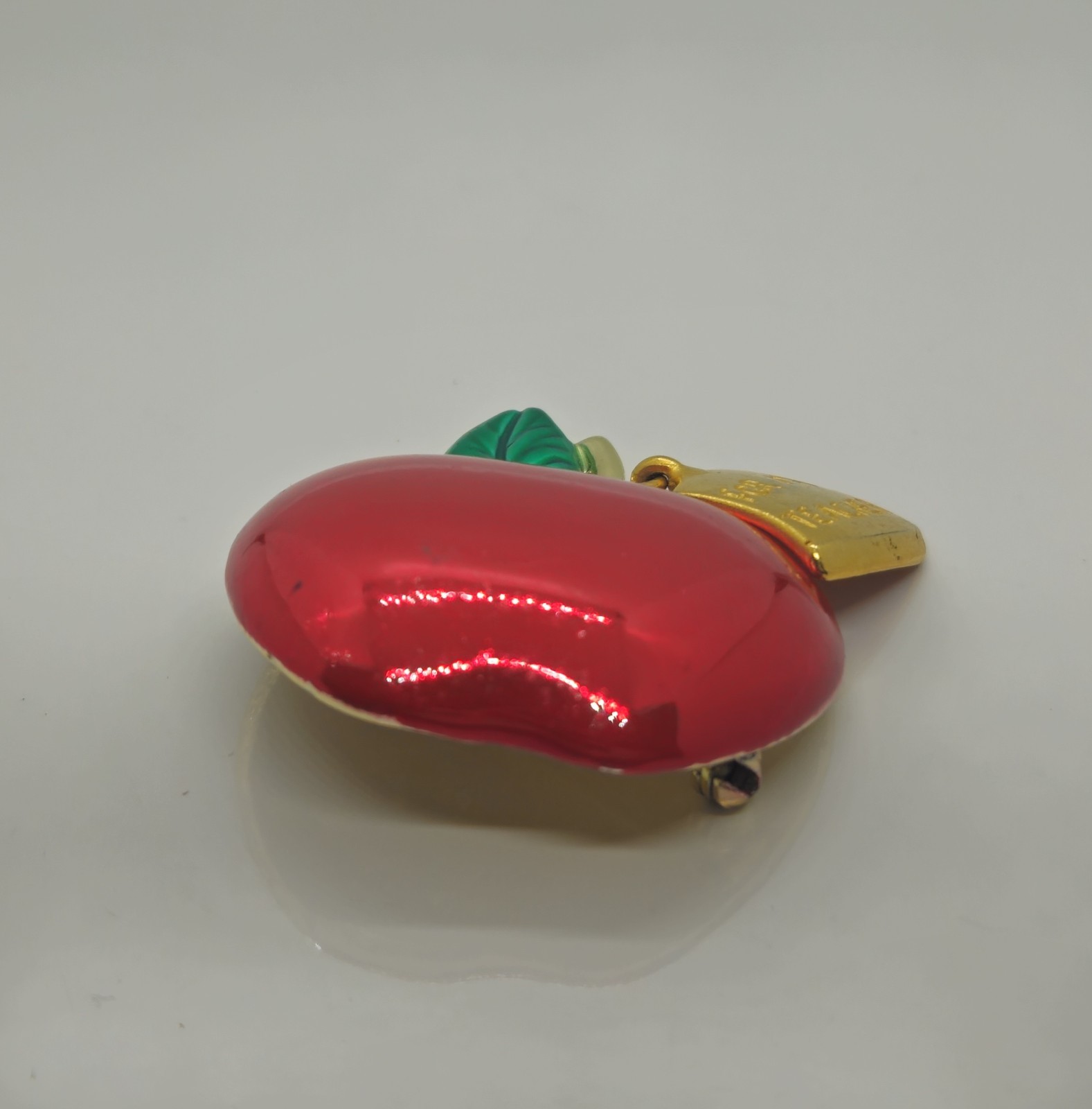 For My Teacher Red Apple Brooch Pin Metal Enamel Marked A.J.C. 1″