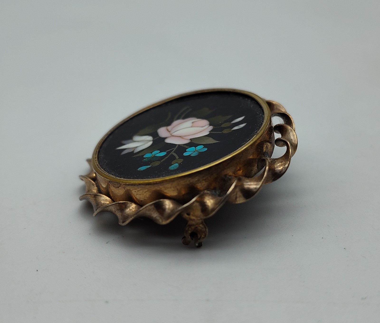 Antique Flower Pietra Dura Stone Black Pink Blue Green Gold Tone Brooch Pin