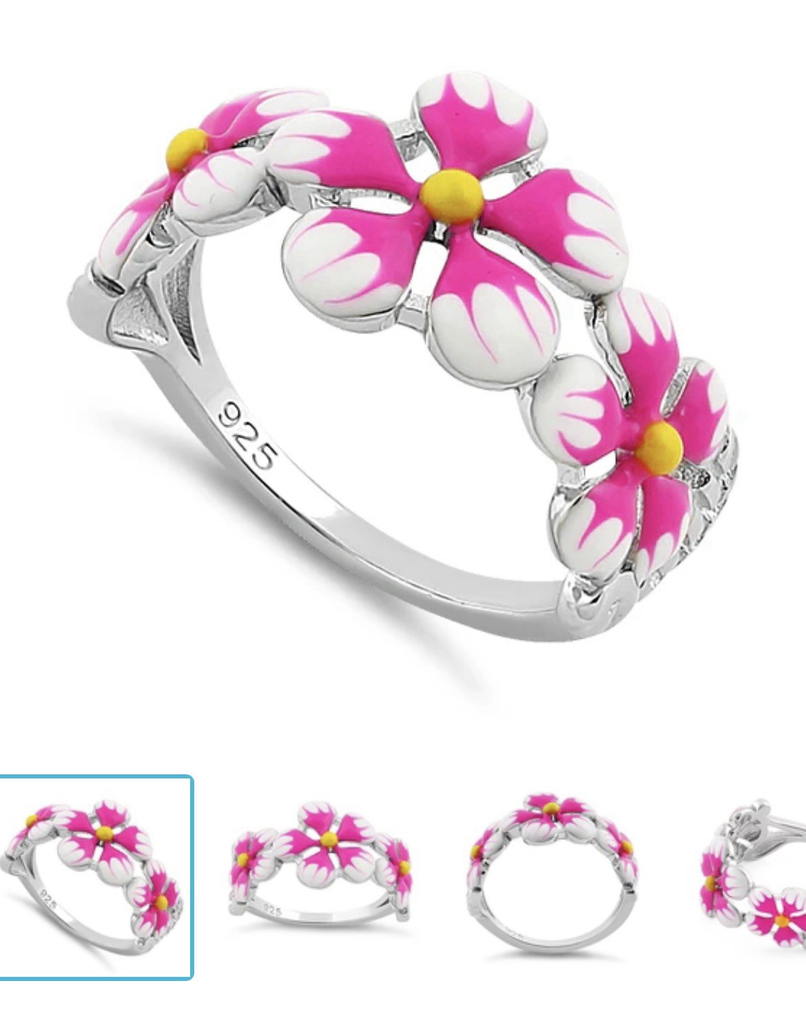 Sterling Silver Hand-Painted Paradise Pink & White Plumeria Enamel Ring-8.