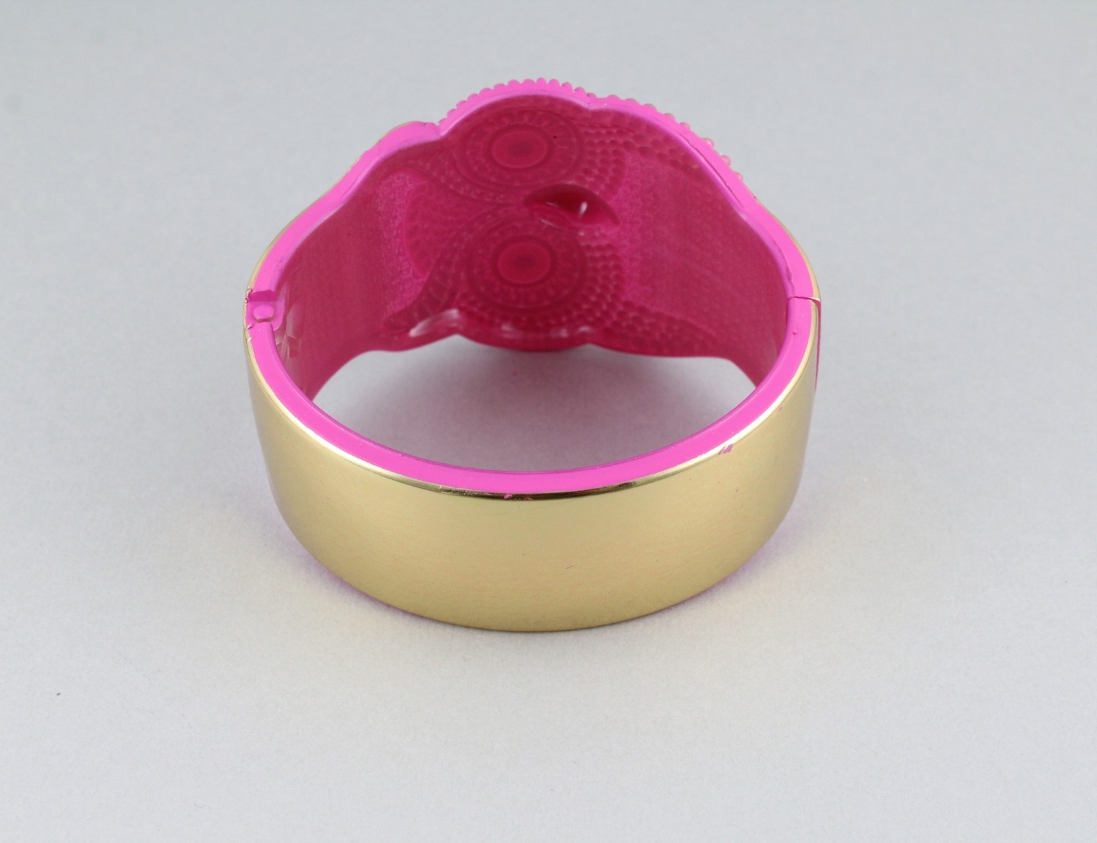 Owl bracelet Pink Gold carved textured bird plastic hinged bangle cuff