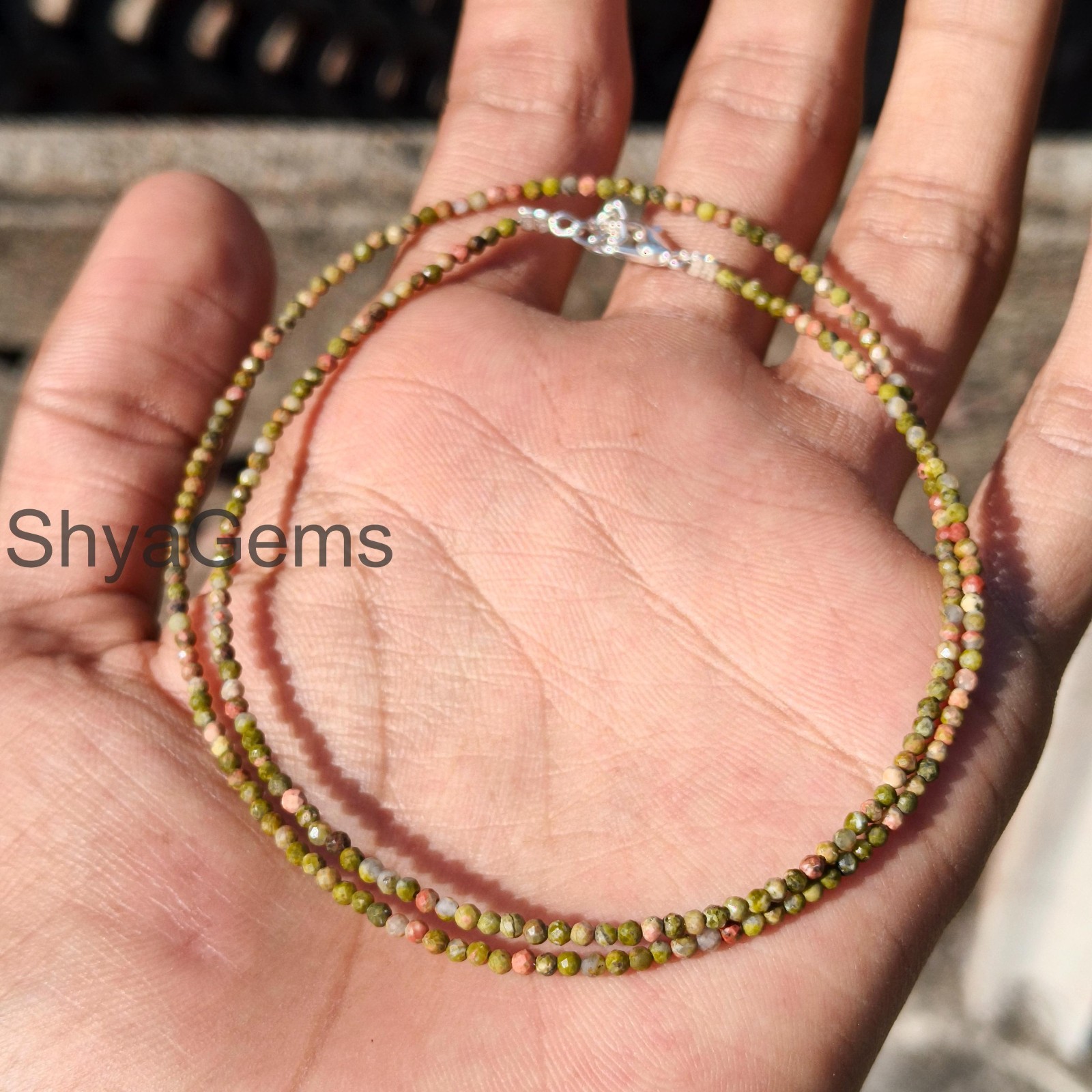 Unakite Necklace 2mm Faceted Beads, Dainty Green Pink Gemstone Necklace, Minima