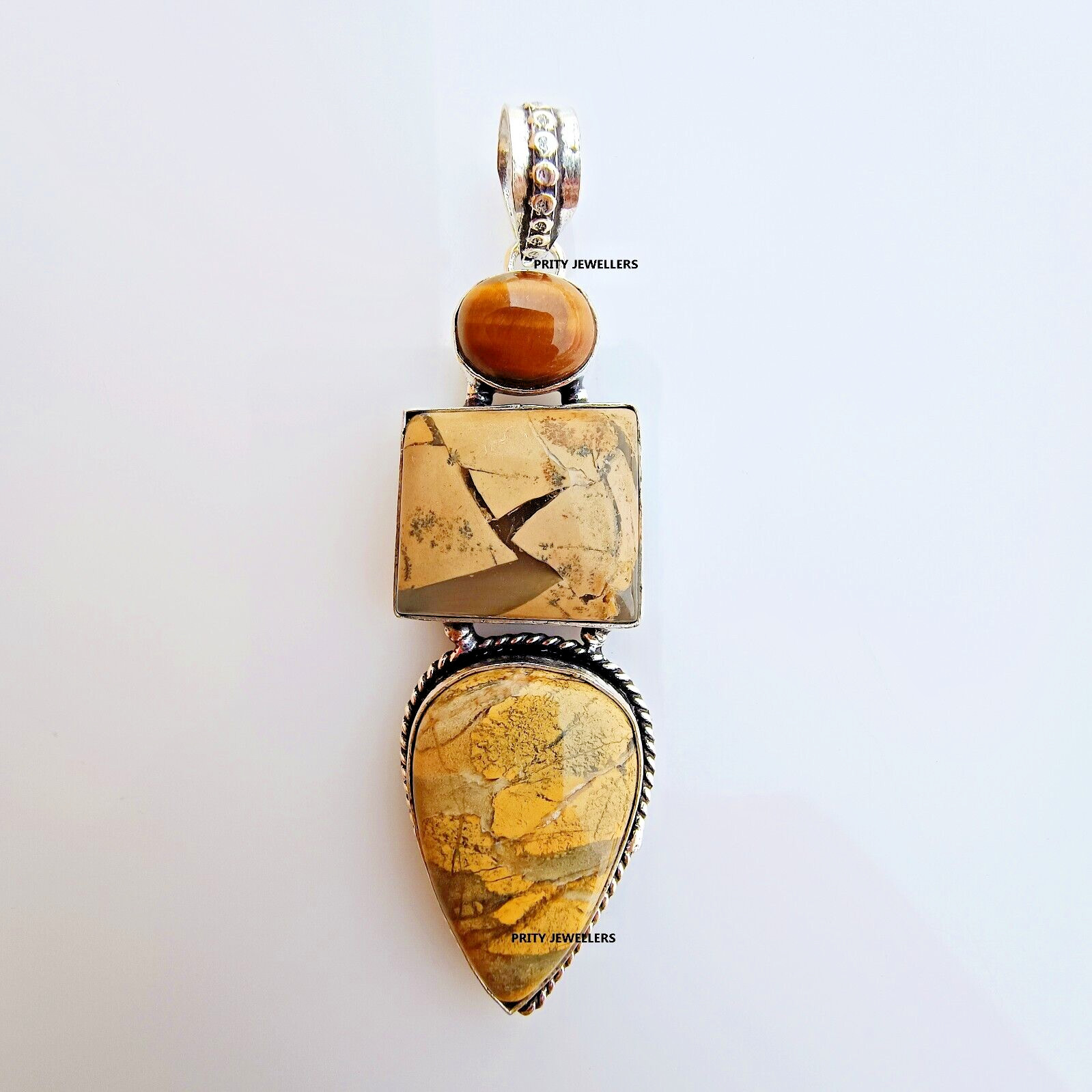 Beautiful Picture Jasper With Tiger Eye 925 Sterling Silver Handmade Pendant