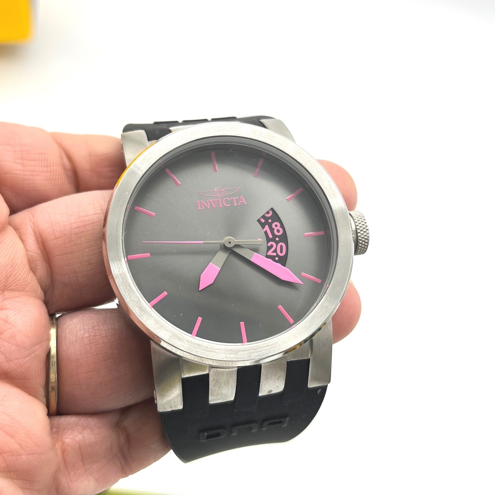Invicta DNA Urban 10408 Mens Watch Grey Dial Pink Accents Black Silicone Strap