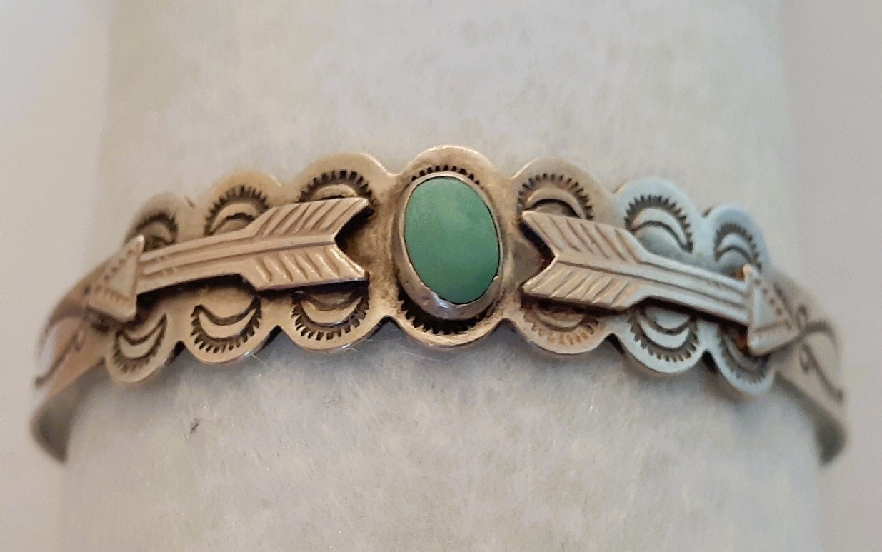 Vintage Fred Harvey Era Navajo Coin Silver Turquoise Stone Cuff Bracelet Stamped