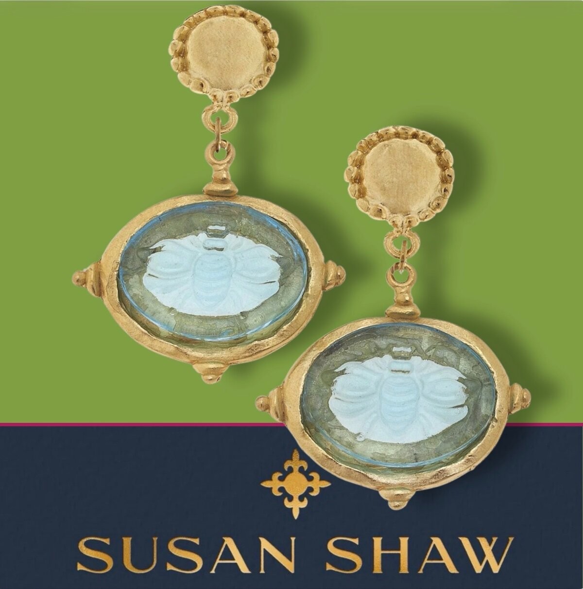 Susan Shaw Earrings Venetian Glass Intaglio Bee Cab 24K TPG Jewelry Gift