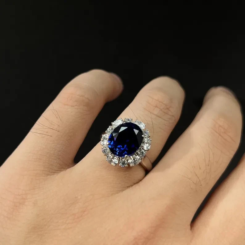 3.40 Ct Oval Natural Sapphire & Diamond Engagement Ring 14K White Gold Size 6
