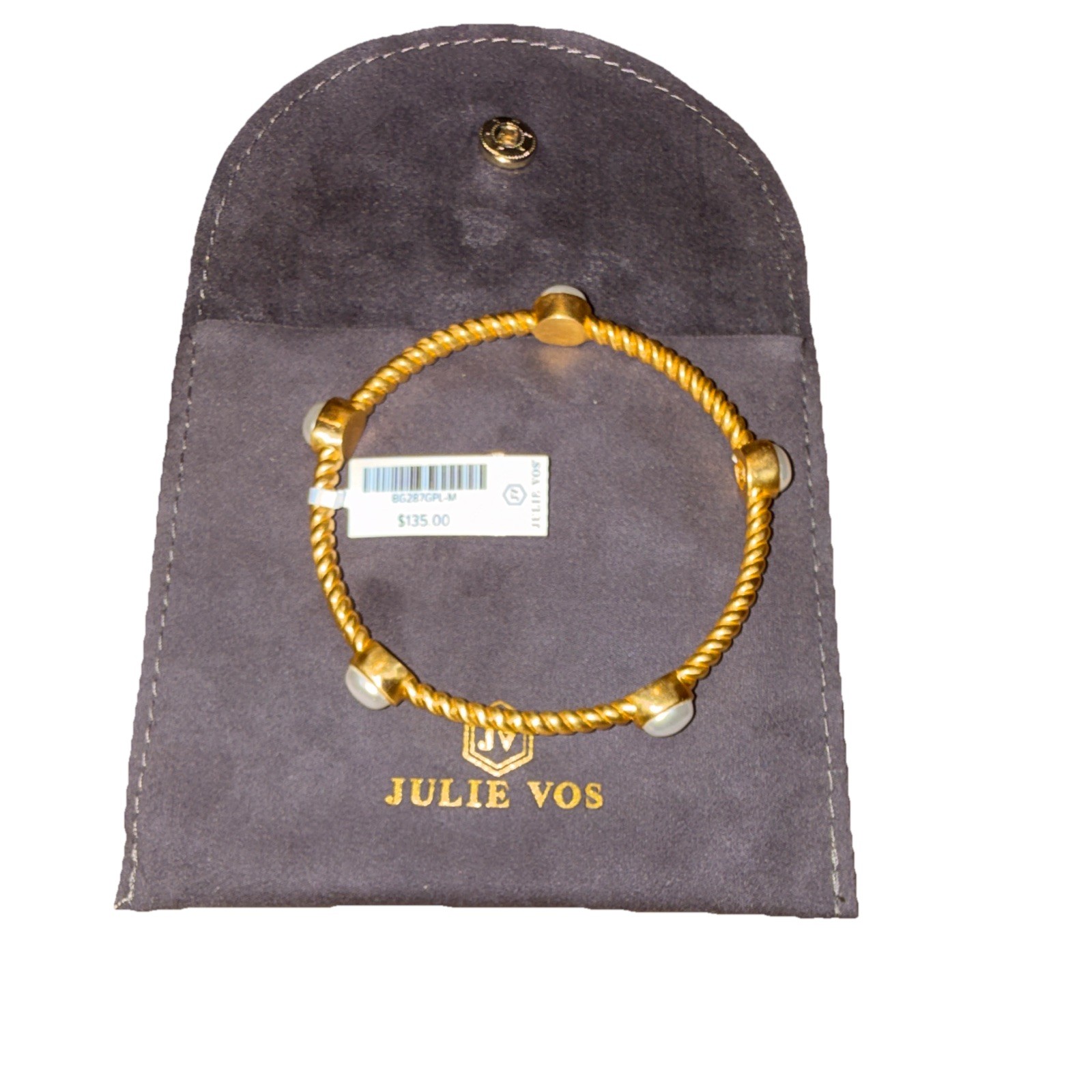 Julie Vos Yellow 24K Gold Plated Twisted Bangle Bracelet w/ 5 White Pearls Bezel