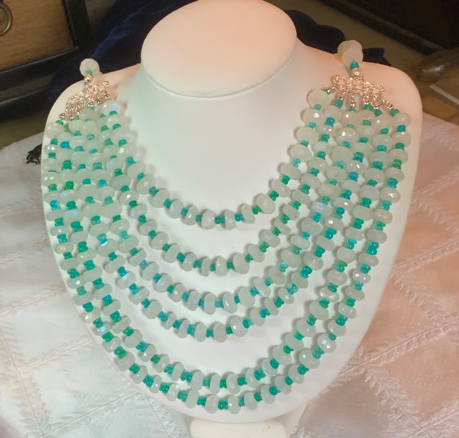 SS .925 MOONSTONE & APATITE 5 STRAND NECKLACE EARRINGS AND SET NEW DESIGN