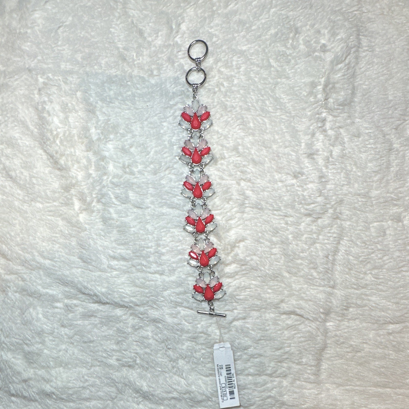 Charming Charlie Silver Tone Pink Flower Dangle Charm Link Toggle Bracelet